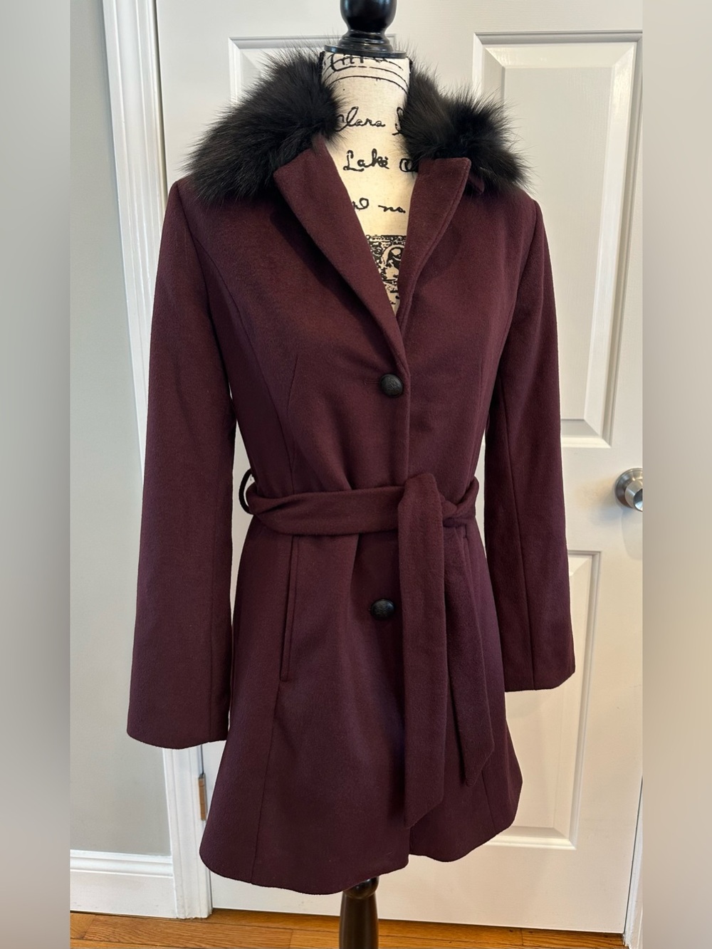 Marc Andrew New York Purple Wool Coat Size 6 Faux Black Fur Collar Detachable